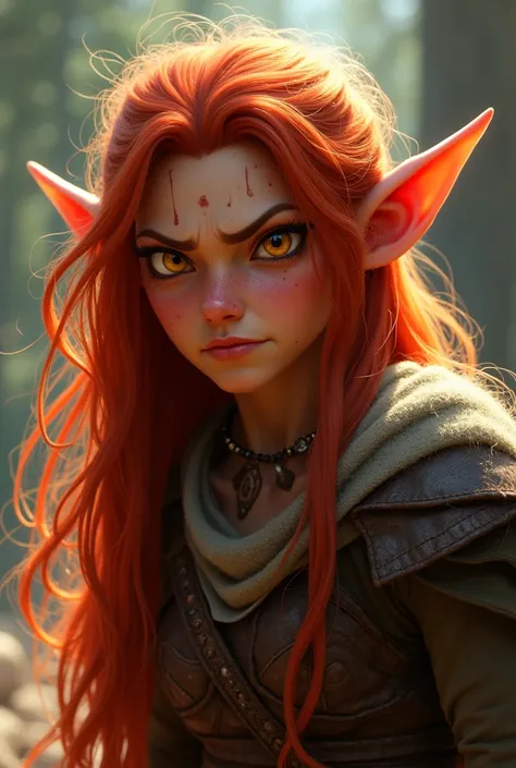 An elf with an earthy reddish skin,  hair with golden eyes,  pointy ears , And long, wild red hair. With an irritated expression and Viking-style clothing.  animation style  