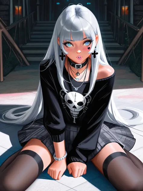   a black girl with tufts of cyan hair and tights Drag ,  black and light gray plaid miniskirt,    Sitting on the floor,  open the miniskirt falls between her legs   ,    black band with silver buckle ,  sweatshirt with black sleeves   ,    wears several n...