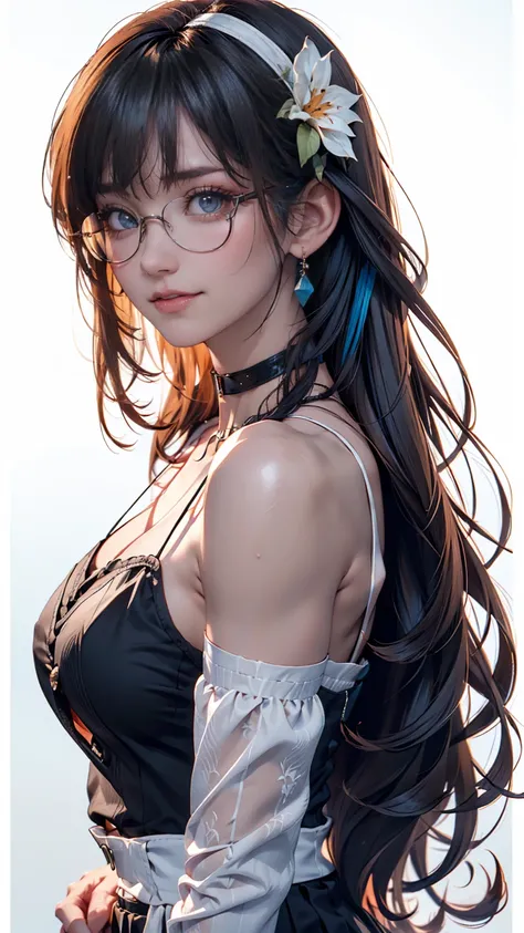  8k wallpaper, masterpiece,  Movie Lighting,  best quality, illustration,  Dramatic Angles, ((color: 1.1)), ((color inner hair: 1.4)),  1 girl in the best, Alone,  long hair, water, blue eyes,  black glasses,  choker,  while tasting, white  choker,  Liquid...