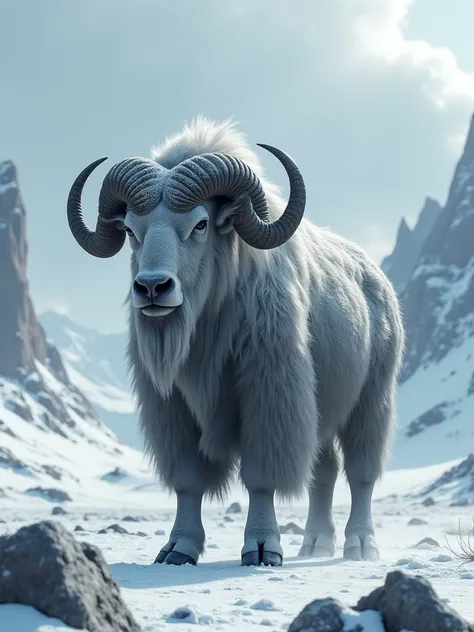 one majestic gray muskox, cold winter wasteland, winter plains, view from ground, 8k, masterpiece, medieval fantasy masterpiece