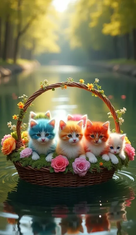 "A group of six adorable kittens, each with a unique and vibrant fur color: one pink, one blue, one green, one orange, one red, and one white, sitting snugly inside a beautifully decorated basket, floating gently on a calm river. The basket is adorned with...