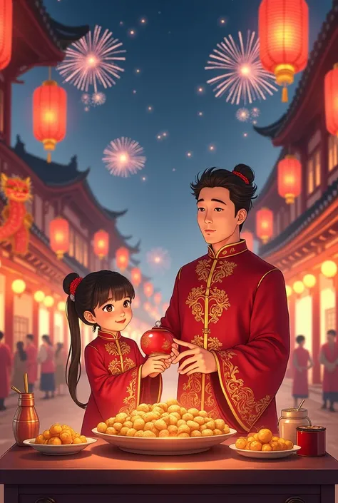 An anime-style artwork showcasing a Chinese New Year celebration. The scene features a young girl and an adult man dressed in traditional Chinese outfits—Cheongsam and Hanfu in red and gold with intricate designs. The background shows a lively night festiv...