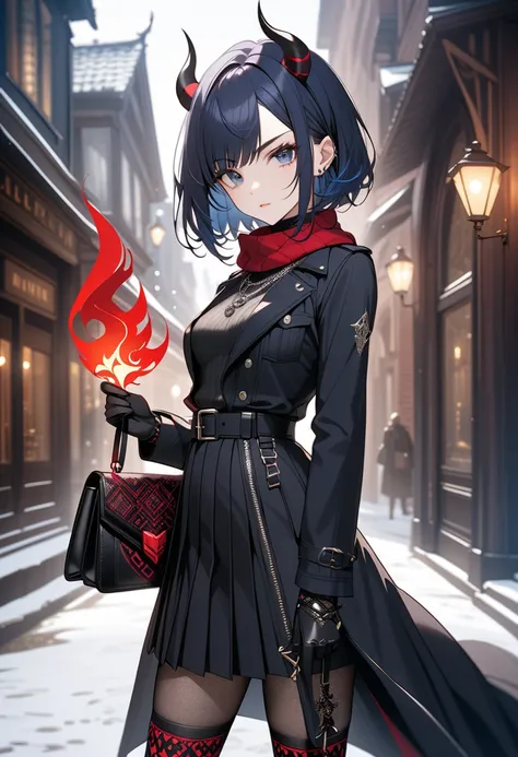 (masterpiece, best quality),A modern winter outfit inspired by a devil's daughter, blending dark and edgy aesthetics with seasonal practicality. The outfit features a long, black trench coat with crimson accents and intricate gothic patterns, made of a war...