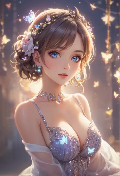 4K, high quality CG, beautiful girl with big breasts, beautiful blue eyes, shiny makeup, bondage props, sexy, ((beautiful eyes with great detail)) colorful, lighting, shiny body, top quality, super detailed, 8K, high resolution, (blue eyes) (looking at vie...