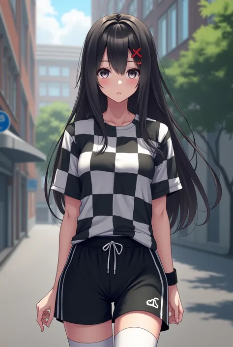 (masterpiece), best quality, expressive eyes, perfect face, woman student, solo, waist length long black hair, walking on the city streets, white kneehighs, Black and white checkered t-shirt, hairclip, bare shoulders, short shorts, dark grey eyes, red x ha...