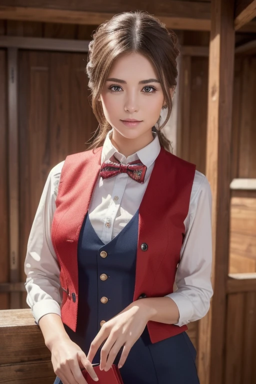  best quality ,( RAW photo:1.2),(Masterpiece:1.4),( Photorealistic:1.4),( high resolution:1.4),  1 girl,  red vest with decorations ,  cabin attendants,  Exquisite Details ,8k,  very detailed on trends,  Perfect Lighting ,   Epic Backgrounds 