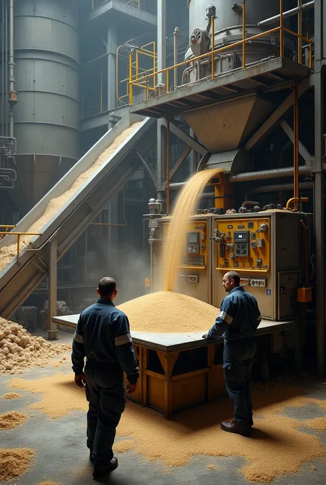 In a busy factory environment, the atmosphere is tinged with a blend of industrious energy and the palpable aroma of grains—specifically crushed wheat. Here’s a more tailored description considering the factory setting:

### The Setting
The factory is a sp...