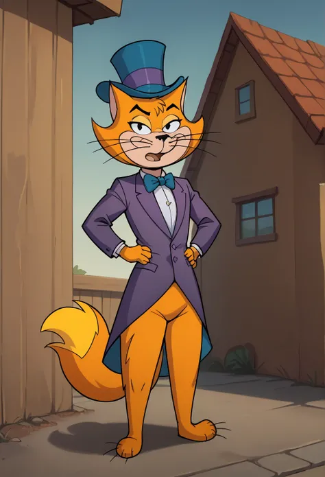 score_7_up, score_8_up, score_9, 2d, cartoon, top cat, catboy, Streaky SuperCat, Hanna-Barbera style, detailed black nose, anthro cat, yellow fur, yellow purple top hat, black eyes, purple tuxedo suit, bottomless, hands on hips, looking at viewer, full bod...