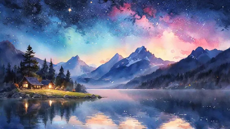  Fantastic、 Another World、 Scenery、watercolor、Mysterious、 starry sky 、lake