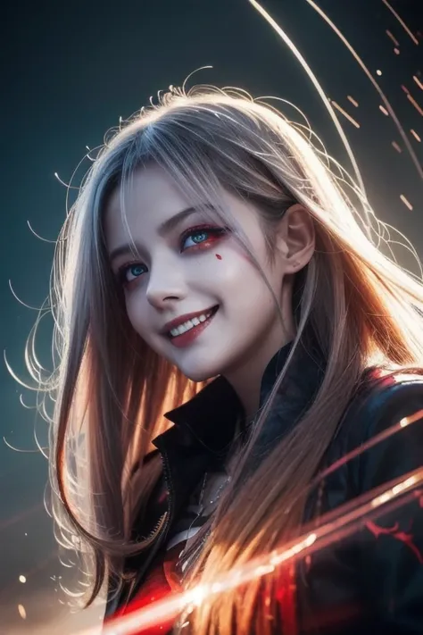  1 girl,  flying hair,  red eyes, Fire Witch , Blood on face,  Light Particles , Lightning rays,  wallpaper,  colorful,  high contrast , ,  smirking ,  , psychopathic  smirking ,  Psychopath Smile ,  tilting your head 