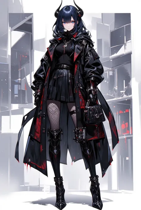 (masterpiece, best quality),A modern winter outfit inspired by a devil's daughter, blending dark and edgy aesthetics with seasonal practicality. The outfit features a long, black trench coat with crimson accents and intricate gothic patterns, made of a war...