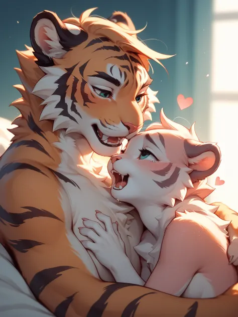 furry petit tiger couple , sweetie , First Love , open mouth ,(Gently Bite the cheek) , euphoria , orgasm ,  heart is beating fast , soft light , Fertilization