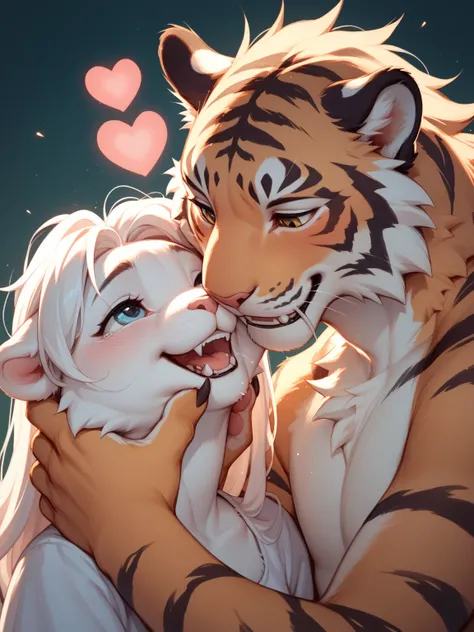 furry petit tiger couple , sweetie , First Love , open mouth ,(Gently Bite the cheek) , euphoria , orgasm ,  heart is beating fast , soft light , Fertilization