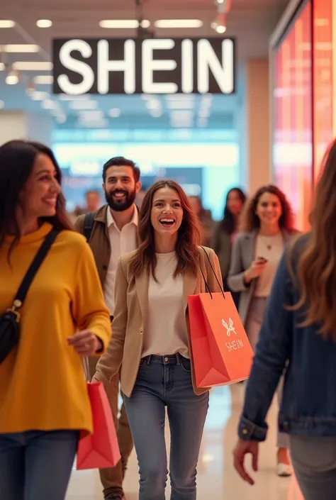 Shein store with happy people carrying shein shopping bags 