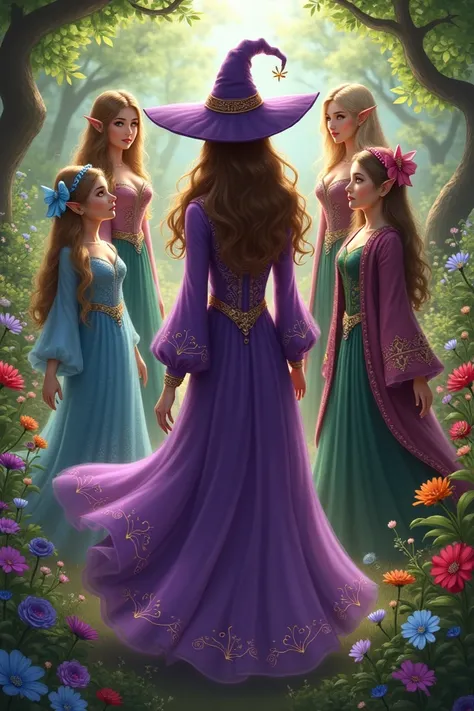 A woman in a purple dress with long sleeves and long brown hair and wearing a witch hat in a garden with some friends ( 5 women 1 is a fairy in a blue dress 1 is a n elf 2 are sorcerers )