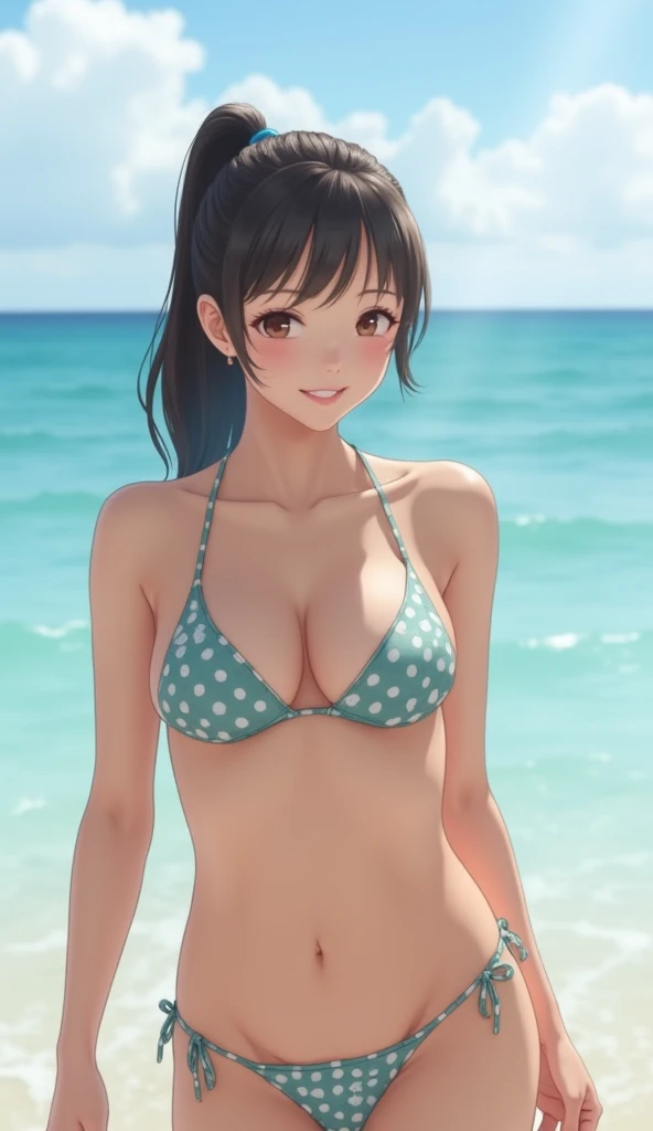   An 18-year-old Japanese woman in a patterned bikini background is a full-body image of the coast, , Her skin is white, And she's smiling in an adorable pose. Big boobs  ,  smile,  ponytail, 