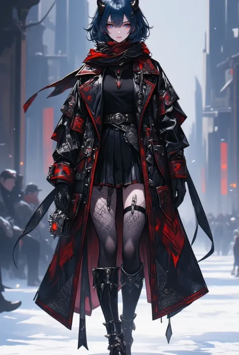 (masterpiece, best quality),runway,A modern winter outfit inspired by a devil's daughter, blending dark and edgy aesthetics with seasonal practicality. The outfit features a long, black trench coat with crimson accents and intricate gothic patterns, made o...