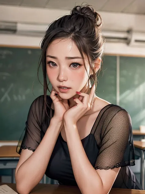 woman、 teacher、42 years old、 ((topknot))、 Black Clothes 
(((masterpiece))), ((  best quality)), (( 複雑な Details)), ((  super realistic realism )), , 成熟したwoman,  成熟したwoman,   see through,    high definition   , illustration, 1人の成熟したwoman,    perfect hands,  ...