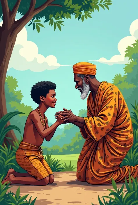 A vector art of a Nigerian Yoruba young boy prostrating greeting his elder