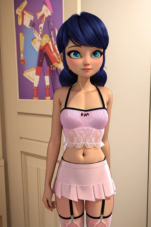 (8k,  CRU image ,  best quality ,  Artwork:1.2), ( details intricate ),  perfect eyes ,  Face perfect,  PERFECT LIGHTING , pretty, ( Artwork:1.2), ( best quality :1.2),  1 girl,  standing alone , Marinette, Hair blue , ((fell, loose hair)),  torso for adul...