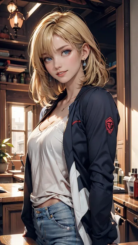 Christian AOT,  1 girl in the best, Alone, christa renz, smile,  hair between your eyes, blue eyes,   blonde hair,  jacket ,   medium hair ,