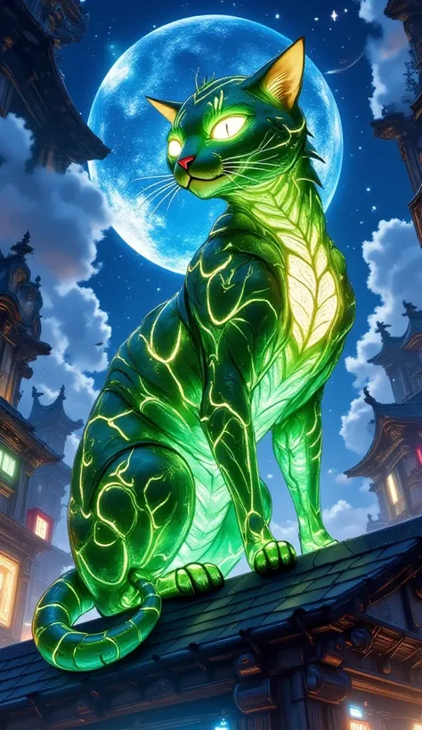 A cat made of sliced cucumbers, glowing translucent green, transparent, sitting on the roof, midnight, fullmoon, CGI, 3D Rendered, Best Blender, awards winning, chiaroscuro, ethereal, otherworldly