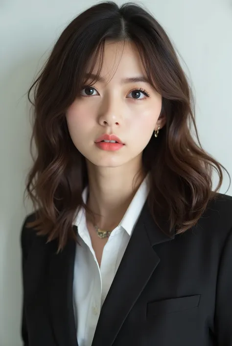 Beautiful Japanese Woman 、、 She is wearing an office lady suit、濃いeyeshadow 、Hairstyle: Medium long、wavy hair 、 Light Brown Hair 、ear piercing、 Empty Expressions 、 necklace、 white backgr
