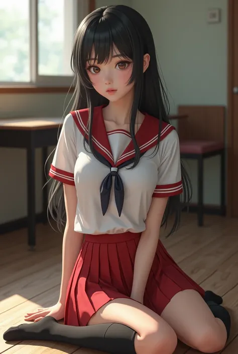 realistic
On a white sailor suit、 Red pleated mini skirt 、A slender Japanese beauty in high socks that goes above her black knee、sitting on the classroom floor