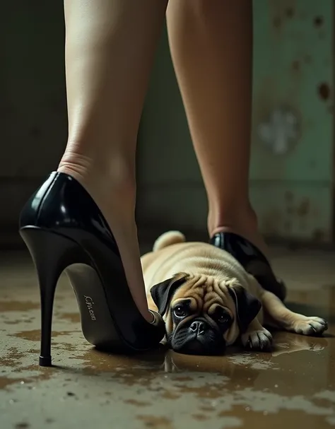 (((Grotesque, gore))), indoors, Brutal depictions, Grotesque image meme, dirty wet concrete floors,1girl, standing, shoes, black footwear, Stiletto heels, 1dog, The sad state of puppy's who can't bear to look straight at them,((((A small pug puppy is passe...