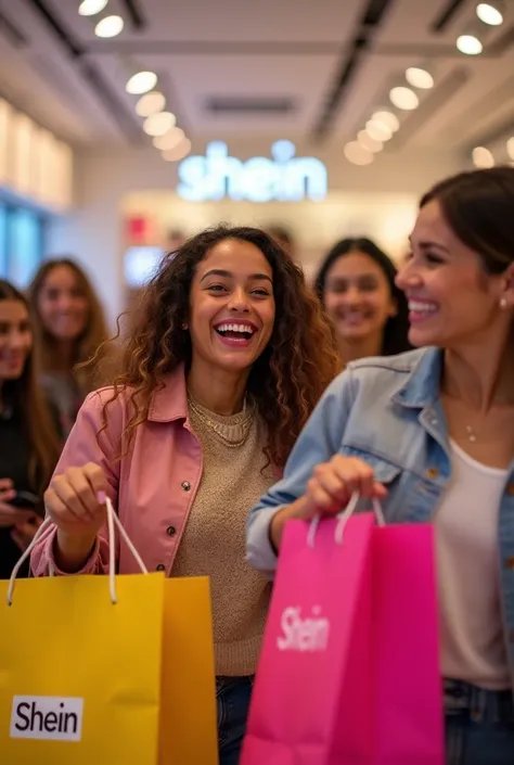 Shein store with happy people carrying shein shopping bags 