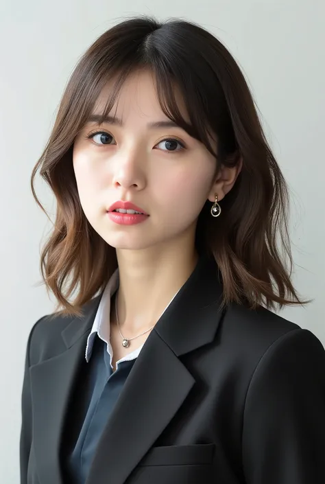 Beautiful Japanese Woman 、、 She is wearing an office lady suit、濃いeyeshadow 、Hairstyle: Medium long、wavy hair 、 Light Brown Hair 、ear piercing、 Empty Expressions 、 necklace、 white backgr
