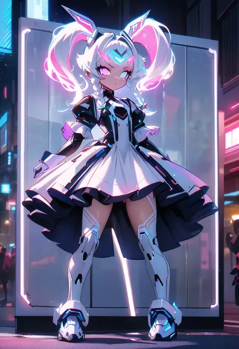 ,masterpiece,perfect face,best quality,ultra detailed,(1 cute loli girl),, black middium hair, ,(futuristic style,pigtail braids with glowing hair accessorys,:1.3),(confidence), ( sheer panels,glowing white iron panel ,dress made of  layered panel, :1.3),s...