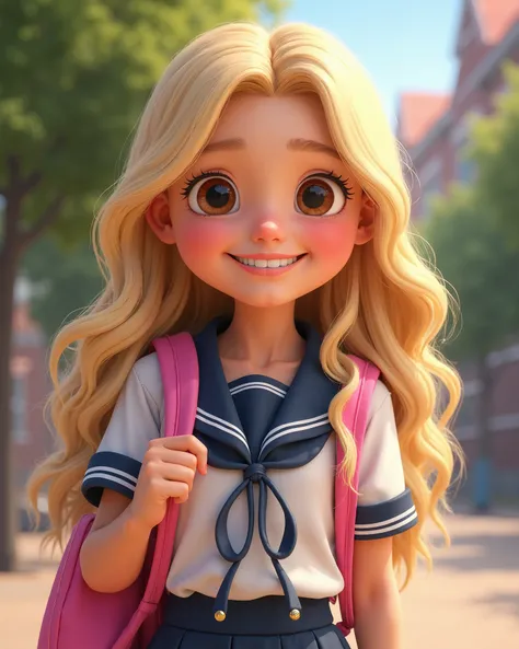 Smiling blond ,  with brown eyes , , long-haired and wavy clutching a pink backpack, Wearing uniform in white and dark blue colors, not Disney style/Pixar, Full body showing in the photo