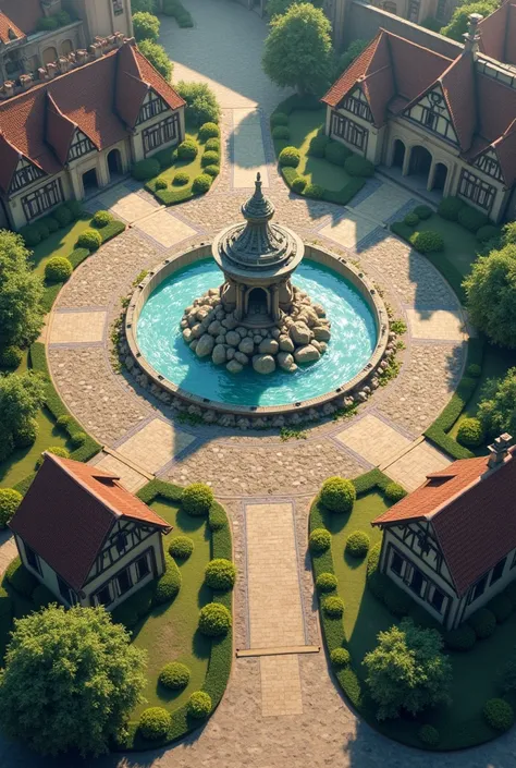 A rocky fountain in the middle of a large square, with four paths branching out in all directions—right, left, forward, and backward. Each path leads to a small library in the shape of a cottage.