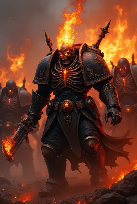  Warhammer 40000 The Legion of Hell Fight Demons in Warp.  Warriors in black armor burning with fire .  Burning Bolters . Burning Swords .  Dark armor with skulls .  As well as the ribs and other bones on the armor .  A helmet with a burning skull .  Demon...