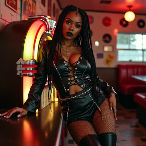 A Black curvaceous woman leans against a vintage jukebox in a retro diner, wearing a black leather mini dress with crisscross lace-up detailing along the torso and sleeves. Fishnet stockings disappear into chunky platform boots, and a studded belt cinches ...