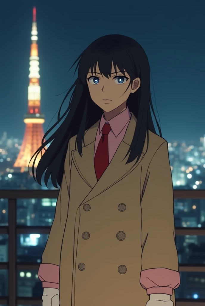 Live Action Asian Pre  boy with Long Flowing Black Hair, With glowing Blue eyes, with a Blank Emotionless stare, Wearing a Beige, baggy, VERY Long Sleeved, Formal Double Breasted Suit and Red tie, Over a Long Sleeved Pink Dress Shirt, With Pink Sleeve cuff...