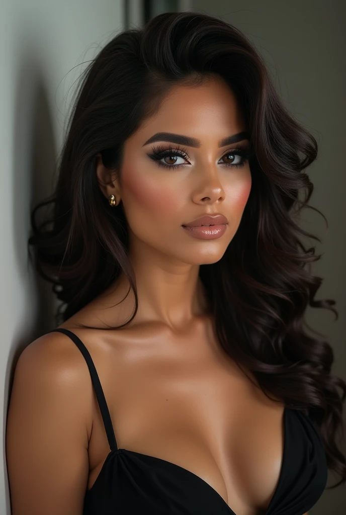 a glamorous women with  makeup: smoky eyes with thick eyeliner, long false lashes, perfectly contoured cheeks, and glossy, overlined lips.  voluminous, bouncy victoria secret model style blowouts styled to frame their faces beautifully. The scene is croppe...