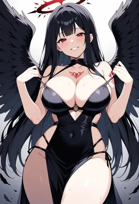 Big breasts, Red eyes, Long Black hair, Fallen angel, Black wings, Sexy face, 여자, Tattoo, (( best quality )), deep cleavage