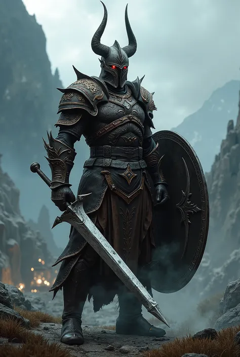  Skyrim , dovakin wearing a helmet, dark fantasy, Grimdark,  with weapons in his hands, could be a shield