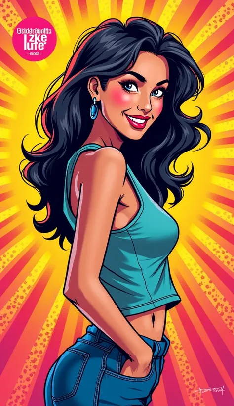 discrete image.  with discreet casual clothes. image adult woman  , American, comic book style . happy.  IMAGES WITH VIBRANT COLORS .  logo with colored background. profile on the face 