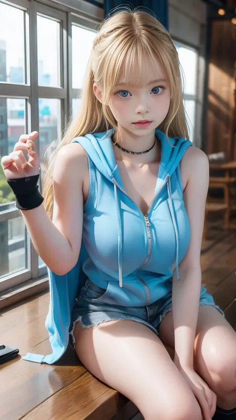 Emma Myers,  best quality, 1 girl in the best, Alone,  blonde,  choker,  Watch viewers,  Intense Perspectives , Playing with the camera,   seductive look 、（Big Breasts:2)、 long hair、 wave hair、 tea hair、sleeveless zip hoodie、 shorts、 high socks、