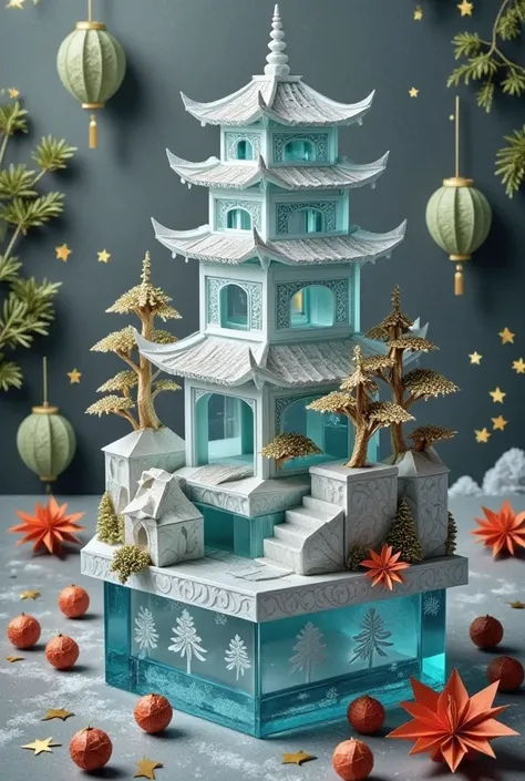 Cardboard art engraving,Milo_zsyd , this is a photo of an elaborate ice sculpture against a soft, natural light background. At the center of the photo is a beautifully carved ice building that replicates a peaceful landscape that includes a traditional of ...