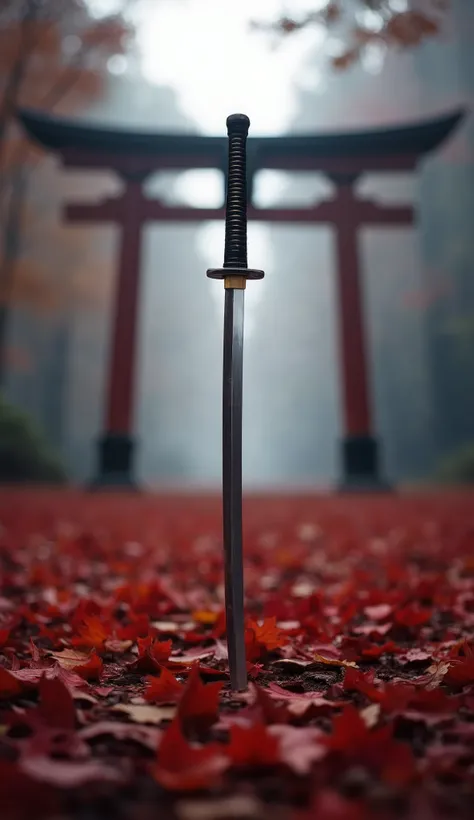 [A katana, standing upright in a bed of crimson autumn leaves, beneath a traditional Japanese torii gate shrouded in mist. The scene is serene yet subtly ominous, conveying a sense of quiet contemplation and hidden power.], [Camera: Medium shot, shallow de...