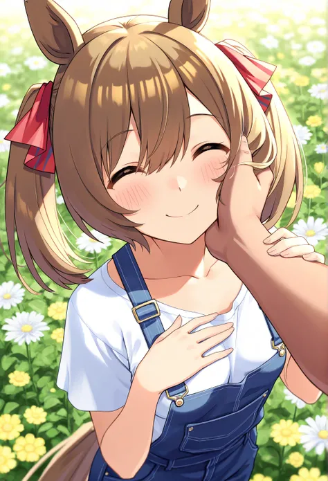 very awa, masterpiece, best quality, newest,  highres, absurdres、 smart falcon 、 smart falcon 　Uma Musume、 1 、 very small breasts、 white shirt and overalls、smile、 close your eyes、blush、Flower Field、 ONE FAT MAN、Men are in close contact with girls、Putting h...