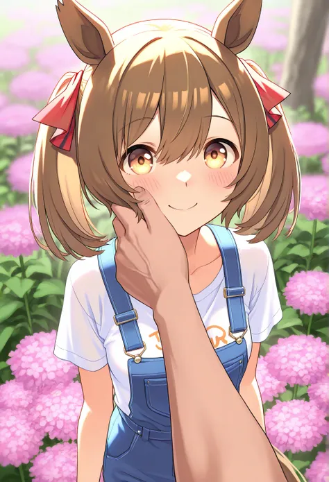 very awa, masterpiece, best quality, newest,  highres, absurdres、 smart falcon 、 smart falcon 　Uma Musume、 1 、 very small breasts、 white shirt and overalls、smile、 close your eyes、blush、Flower Field、 ONE FAT MAN、Men are in close contact with girls、Putting h...