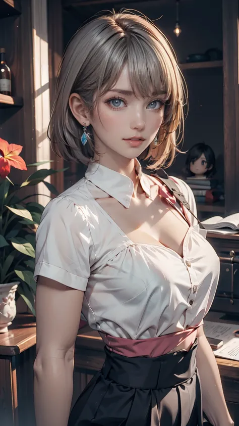 ( best quality, masterpiece),  1 girl in the best,  beautiful girl,  brown_eye, ((hair color [Silver hair], [ pixie cut with a bang] hair)),  earrings, lips, Short sleeve, is present,  thin waist, Charming,   Colorful Makeup  , long eyelashes,  white skin,...