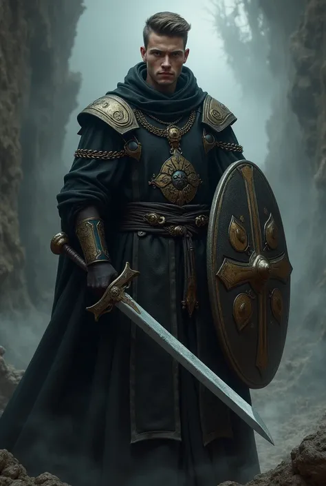 An Orthodox combat priest with a long sword, shield, chain mail and russian monastic vestments, dark fantasy, fanatic, young, black painted fabric