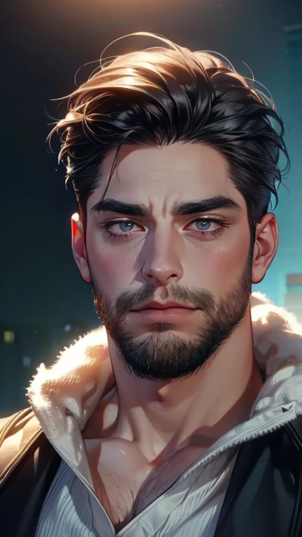 (    best quality,4K,8k,    highres,    masterpiece :1.2),    ultra-detailed    ,(realistic,photorealistic,photo-realistic:1.37),36-year-old man,3 day beard,Beautiful anime,Portraits,strong,Masculine,     with black hair  ,sharp jaw,       mesmerizing eyes...