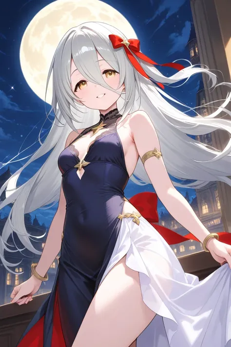 Night Sky、moon、 silver hair、 girl 、ephemeral、beautiful